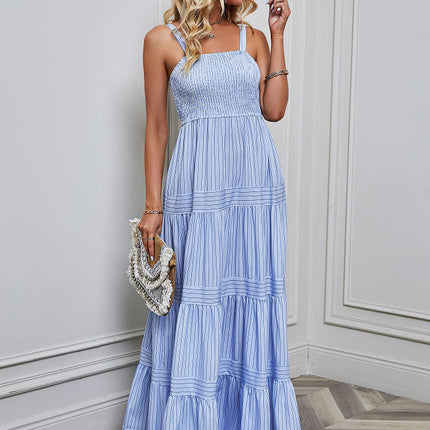 Women's Summer Boho Spaghetti Strap Sleeveless Tiered Ruffle A Line Beach Maxi Dress