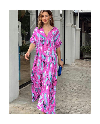 Womens V Neck Print Short Sleeve Loose Long Casual Maxi Dress