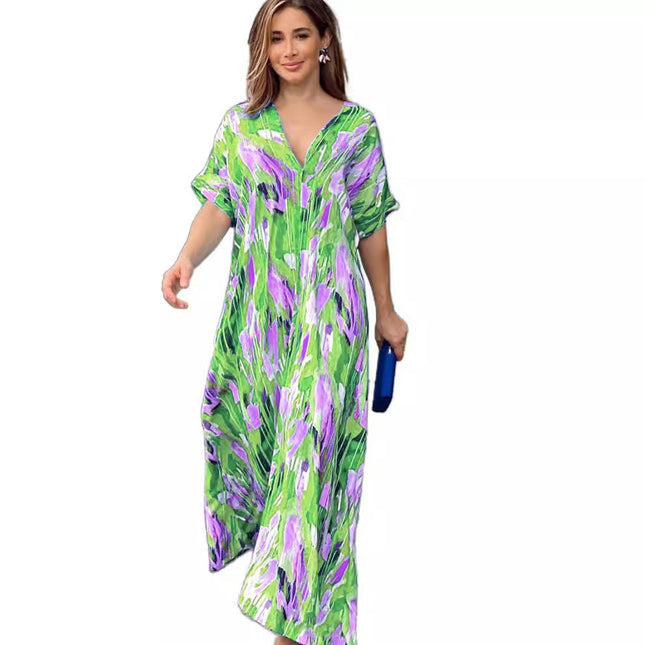 Womens V Neck Print Short Sleeve Loose Long Casual Maxi Dress