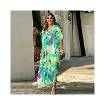 Womens V Neck Print Short Sleeve Loose Long Casual Maxi Dress