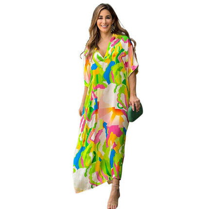 Womens V Neck Print Short Sleeve Loose Long Casual Maxi Dress