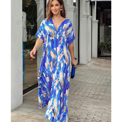 Womens V Neck Print Short Sleeve Loose Long Casual Maxi Dress