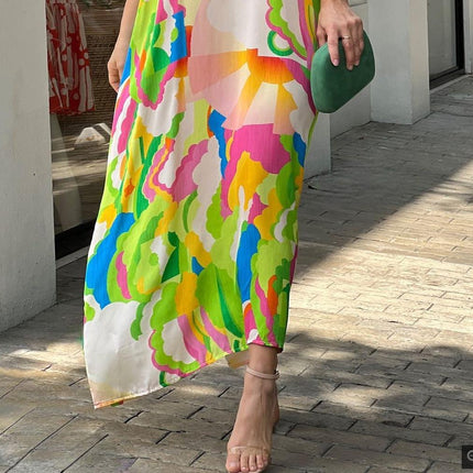 Womens V Neck Print Short Sleeve Loose Long Casual Maxi Dress