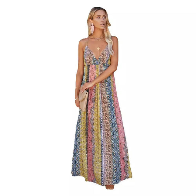 Women's Dresses Print Spaghetti Strap Deep V Neck Boho Long Maxi Dress