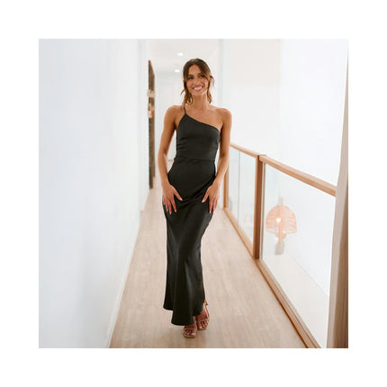 Womens One Shoulder Spaghetti Strap Backless Ruched Bodycon Long Dresses