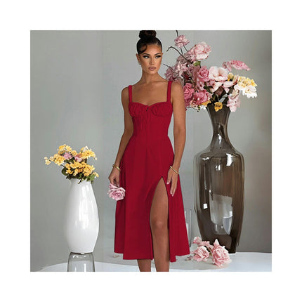 Women Summer Spaghetti Strap Sleeveless Corset Slit Beach Party Midi Dresses