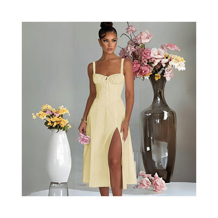 Women Summer Spaghetti Strap Sleeveless Corset Slit Beach Party Midi Dresses