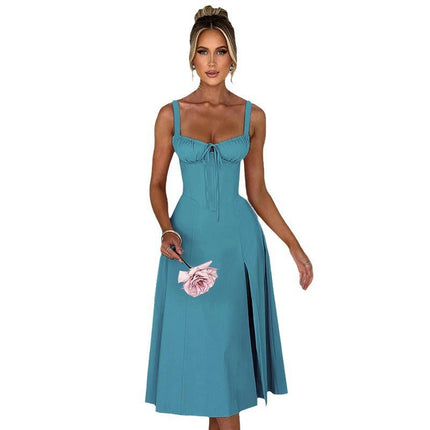 Women Summer Spaghetti Strap Sleeveless Corset Slit Beach Party Midi Dresses