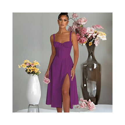 Women Summer Spaghetti Strap Sleeveless Corset Slit Beach Party Midi Dresses