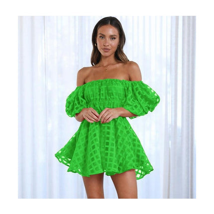 Womens Short Puff Sleeve Casual Off Shoulder A Line Ruffle Summer Dress