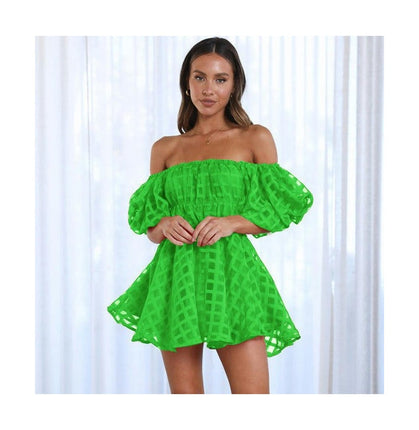 Womens Short Puff Sleeve Casual Off Shoulder A Line Ruffle Summer Dress