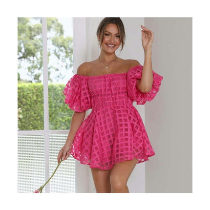 Womens Short Puff Sleeve Casual Off Shoulder A Line Ruffle Summer Dress