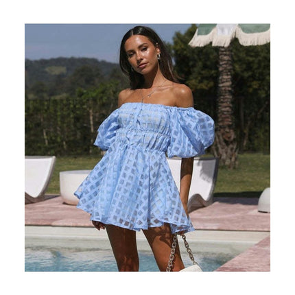 Womens Short Puff Sleeve Casual Off Shoulder A Line Ruffle Summer Dress