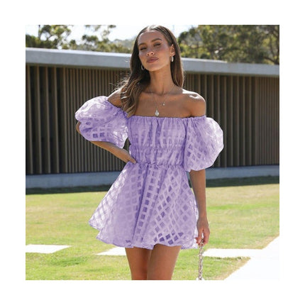 Womens Short Puff Sleeve Casual Off Shoulder A Line Ruffle Summer Dress