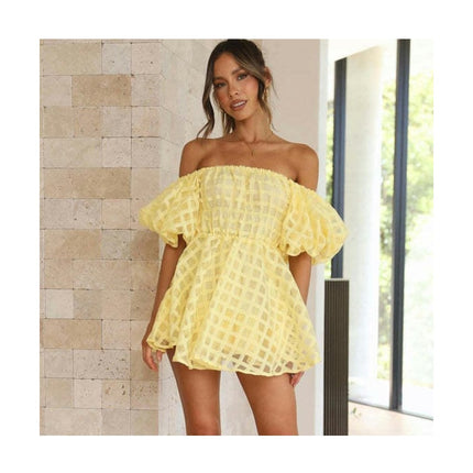 Womens Short Puff Sleeve Casual Off Shoulder A Line Ruffle Summer Dress