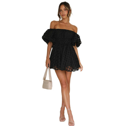 Womens Short Puff Sleeve Casual Off Shoulder A Line Ruffle Summer Dress