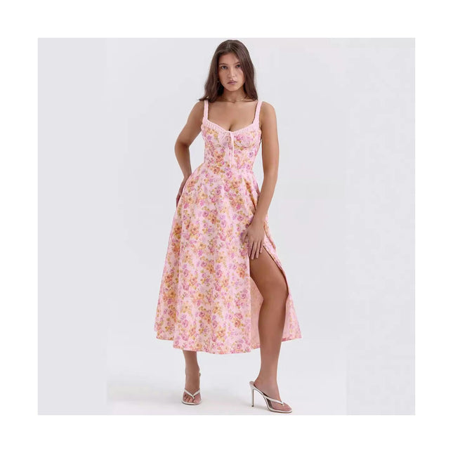 Women's Floral Midi Dress Spaghetti Strap Sleeveless Boho Flowy Slit Dresses