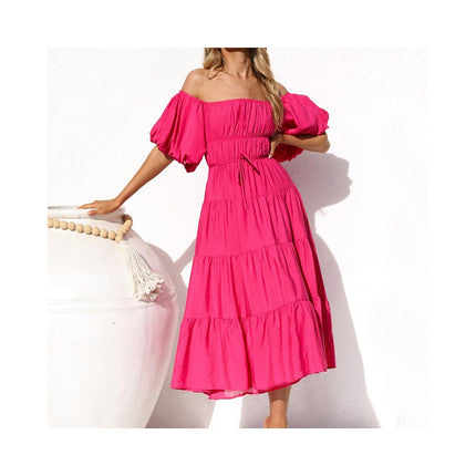 Women Off Shoulder Summer Casual Puff Short Sleeve Smocked Ruffle Beach Maxi Dresses