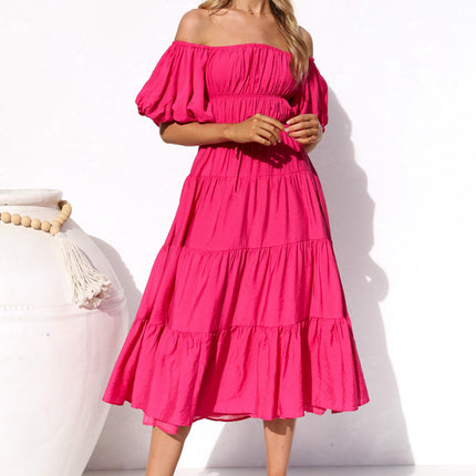 Women Off Shoulder Summer Casual Puff Short Sleeve Smocked Ruffle Beach Maxi Dresses