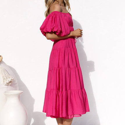 Women Off Shoulder Summer Casual Puff Short Sleeve Smocked Ruffle Beach Maxi Dresses