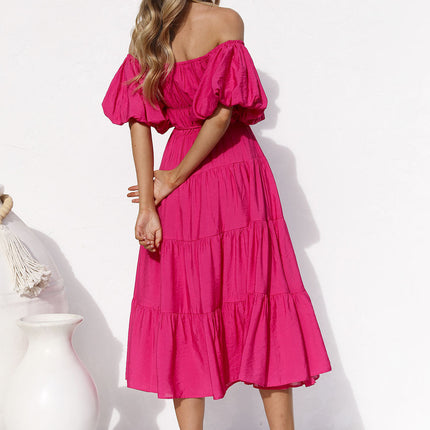 Women Off Shoulder Summer Casual Puff Short Sleeve Smocked Ruffle Beach Maxi Dresses