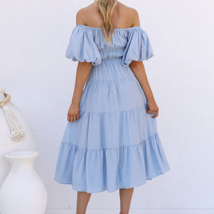 Women Off Shoulder Summer Casual Puff Short Sleeve Smocked Ruffle Beach Maxi Dresses