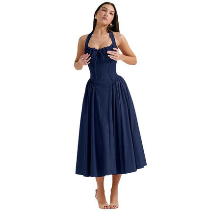 Women's Sleeveless Halter Neck A Line Swing Flowy Midi Dress