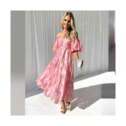 Sexy Off Shoulder Puff Short Sleeve Maxi Dress for Women Ruffle Party Dress Summer Flowy Dresses