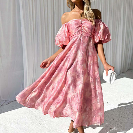 Sexy Off Shoulder Puff Short Sleeve Maxi Dress for Women Ruffle Party Dress Summer Flowy Dresses