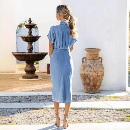 Women Button Down Ruched Shirt Dresses Short Sleeve Lapel V Neck Summer Midi Dress