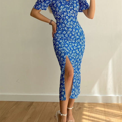 Women's Boho Floral Print Off Shoulder Short Sleeve Split Long Dress