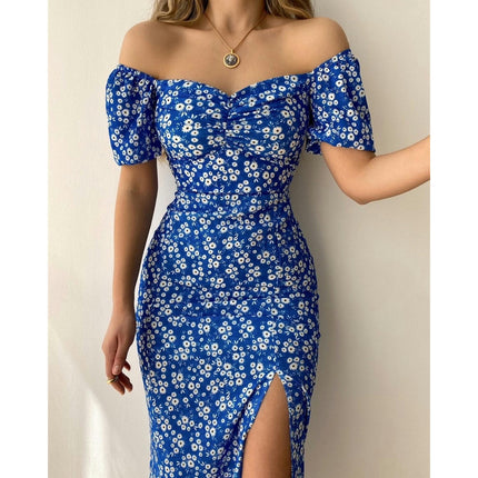 Women's Boho Floral Print Off Shoulder Short Sleeve Split Long Dress