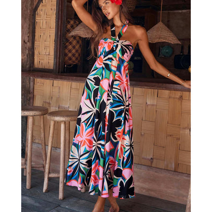 Womens Summer Boho Halter Neck Maxi Dresses Casual Sleeveless Flowy Beach Long Dress