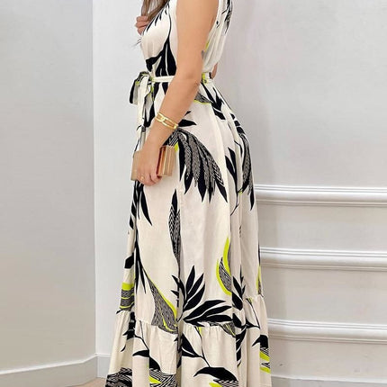 Women's Summer Halter Neck Maxi Dress Causal Floral Tie Waist Beach Sundress