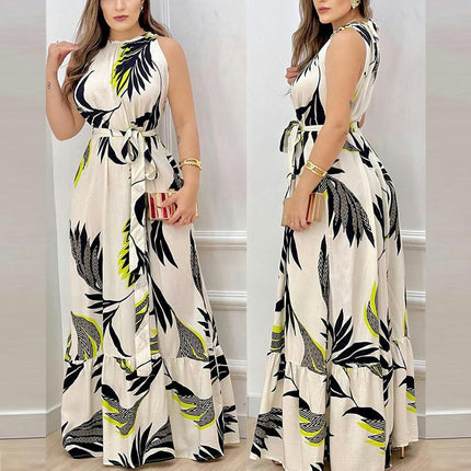 Women's Summer Halter Neck Maxi Dress Causal Floral Tie Waist Beach Sundress