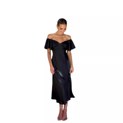 Women's Summer Boho Off Shoulder Short Sleeve Smocked Split Party Maxi Dress