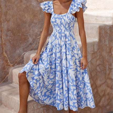 Womens Summer Cap Sleeve Floral Square Neck Smocked Boho Flowy A Line Long Dress