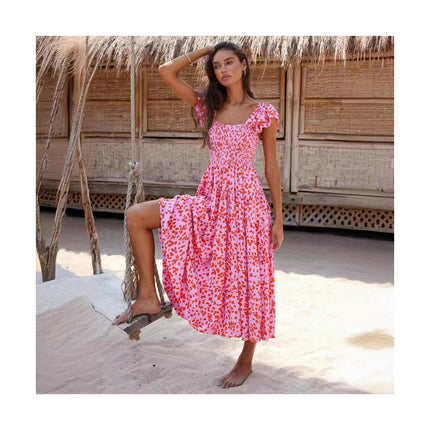 Womens Summer Cap Sleeve Floral Square Neck Smocked Boho Flowy A Line Long Dress