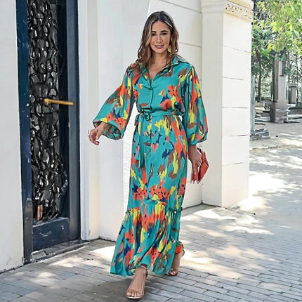 Women Casual Long Sleeve Button Down Tie Waist Shirt Maxi Dress