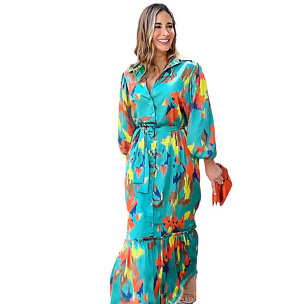 Women Casual Long Sleeve Button Down Tie Waist Shirt Maxi Dress