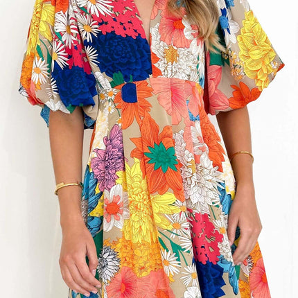 Women Casual V Neck Puff Short Sleeve Ruffle Flowy Beach Boho Long Floral Dress