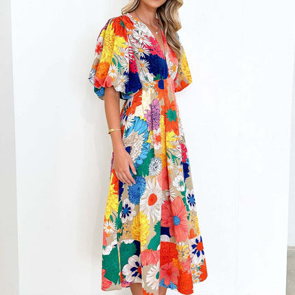 Women Casual V Neck Puff Short Sleeve Ruffle Flowy Beach Boho Long Floral Dress