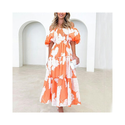 Women Summer Casual Flowy Beach Off Shoulder Puff Short Sleeve Smocked Boho Floral Maxi Dress