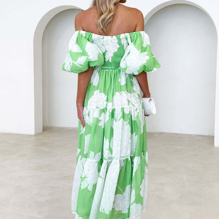 Women Summer Casual Flowy Beach Off Shoulder Puff Short Sleeve Smocked Boho Floral Maxi Dress