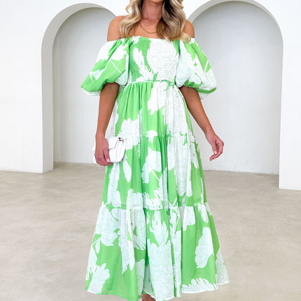 Women Summer Casual Flowy Beach Off Shoulder Puff Short Sleeve Smocked Boho Floral Maxi Dress