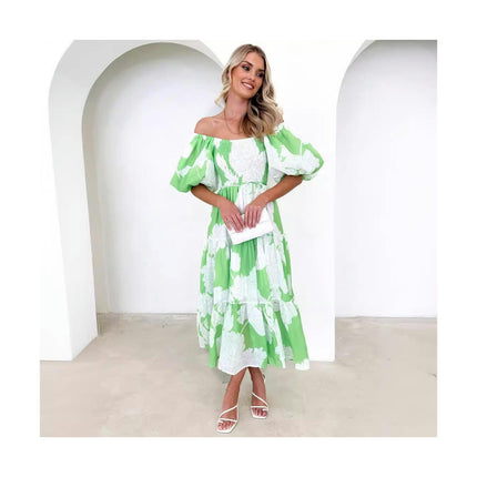 Women Summer Casual Flowy Beach Off Shoulder Puff Short Sleeve Smocked Boho Floral Maxi Dress