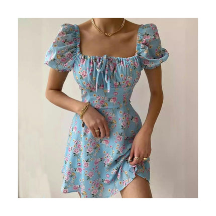 Women Floral Puff Short Sleeve Mini Dress Boho Square Neck Ruched A-line Short Sundress