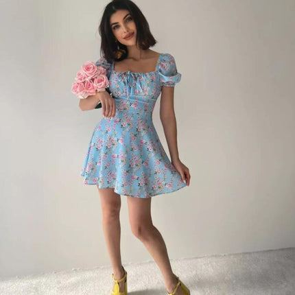 Women Floral Puff Short Sleeve Mini Dress Boho Square Neck Ruched A-line Short Sundress