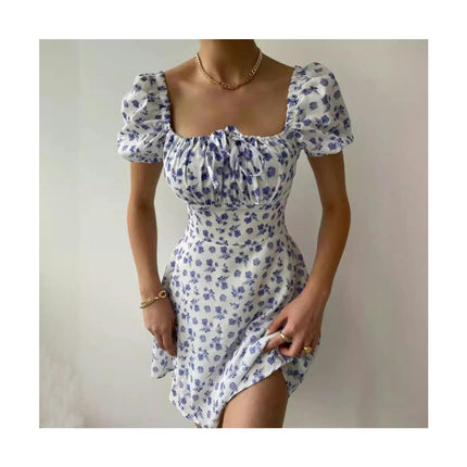 Women Floral Puff Short Sleeve Mini Dress Boho Square Neck Ruched A-line Short Sundress