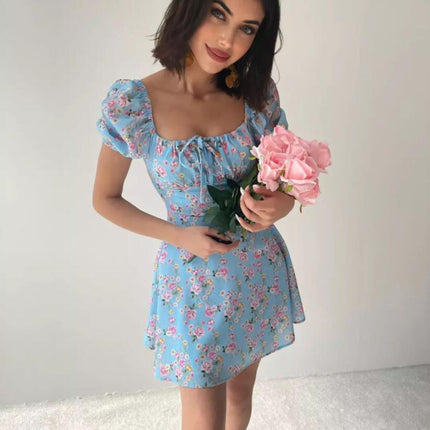 Women Floral Puff Short Sleeve Mini Dress Boho Square Neck Ruched A-line Short Sundress